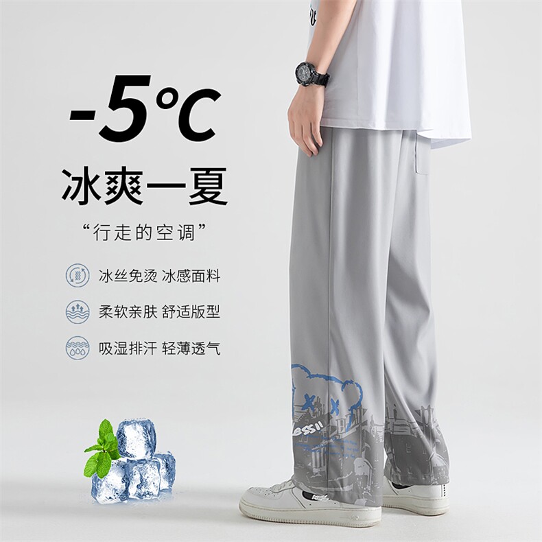 加推撞色印花夏季薄款宽松大码冰感抽绳束脚裤冰丝裤2114-P40图片