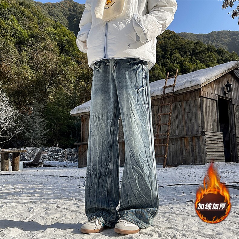闪电裂纹水洗做旧牛仔裤男阔腿复古美式高街微喇直筒裤子KZ065P65图片