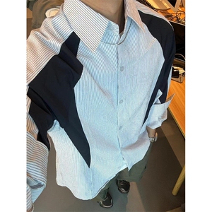 蓝白条纹拼接衬衫男长袖春秋季小众发型师男装衬衣外套 C2222图片