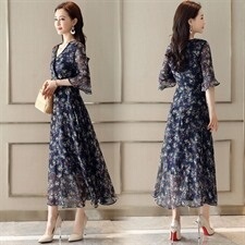 雪纺碎花连衣裙2023年新款夏季大码女装修身收腰35一45气质女神范图片