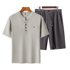 主推608/808夏男风亚麻短袖T恤套装中老年爸爸装亚麻套装，男装T恤，钱塘723