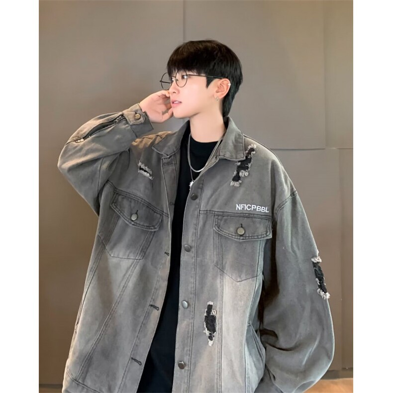 美式高街破洞牛仔外套男士韩版潮流帅2024秋冬季ins外套W5872-P70，男装工装外套，星座412-2