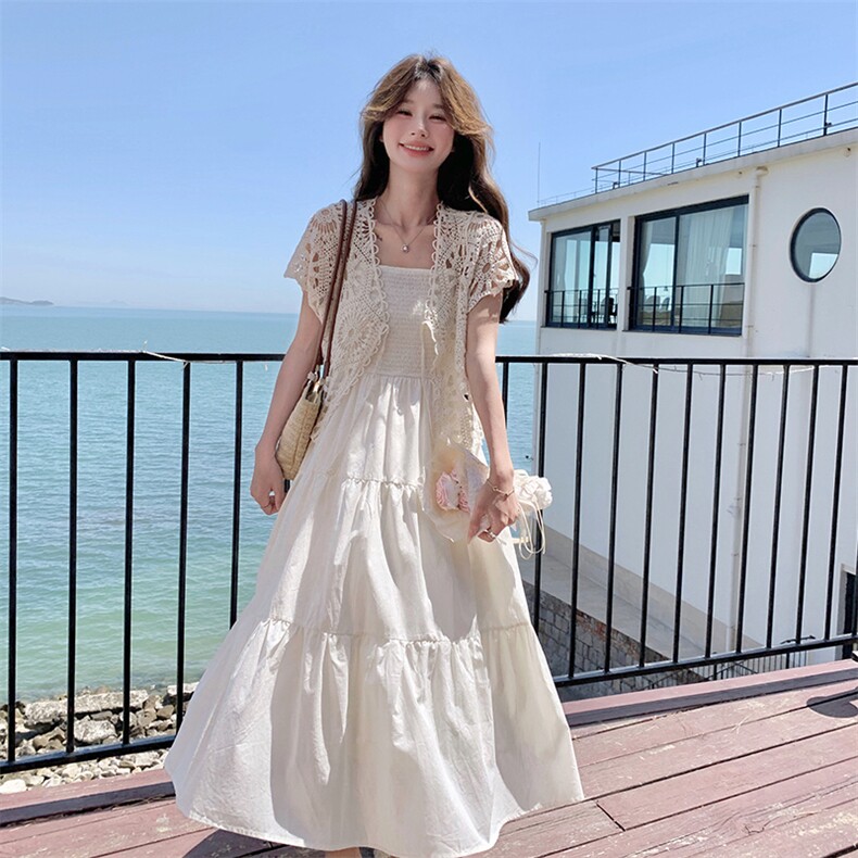 温柔风甜美小个子白色吊带连衣裙女夏季新款镂空短袖上衣两件套装,女装套装/套裙,2C269