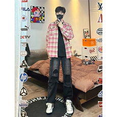 B221美式ins高街暗黑小众撞色破洞直筒牛仔裤LK23109-P65控88，男装牛仔裤，电商B221