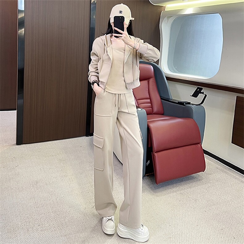 女秋时尚长袖圆领打底衣连帽外套阔腿裤三件套,女装套装/套裙,江南