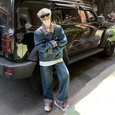 美式新款格子拼接牛仔夹克套装男款时尚潮流设计感两件套，男装夹克，星座410-7