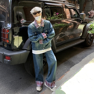 美式新款格子拼接牛仔夹克套装男款时尚潮流设计感两件套图片