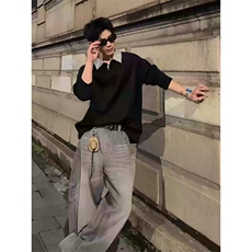 网图千鸟格翻领秋装长袖t恤潮男装polo衫老钱风卫衣外套S524特28，男装T恤，电商A233-1