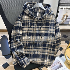 格子长袖衬衫男美式连帽外套潮牌宽松高街痞帅休闲上衣W6427-P50图片