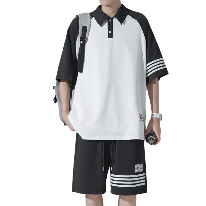 特批P60无差价夏季贴标条纹撞色冰丝polo领大码短袖短裤男士TZ315,男装休闲套装,电商A001