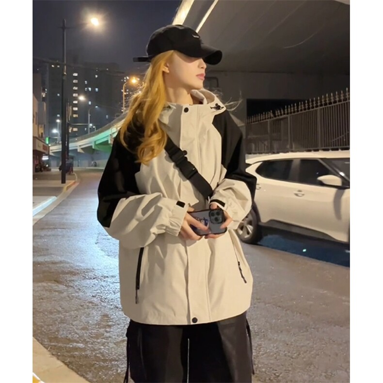 C2333-TP80控价108春季新款女连帽防水拼色冲锋衣宽松休闲外套,男装夹克,电商A102-1