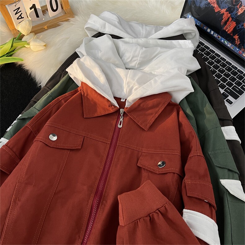 秋款男假两件连帽夹克衫字母印花工装拼色外套J01P45,男装夹克,星座1013-1