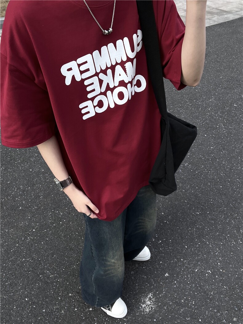 美式复古酒红色短袖t恤ins潮牌重磅宽松纯棉短袖oversize,男装T恤,星座310A-4