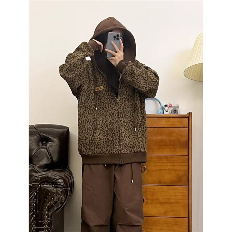美式复古豹纹连帽拉链卫衣男女春秋新款宽松休闲百搭情侣外套潮,女装短外套,星座506A