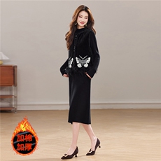 冬季新款加棉新中式圆领真毛马甲洋气显瘦气质款两件套裙女，女装套装/套裙，宝儿家