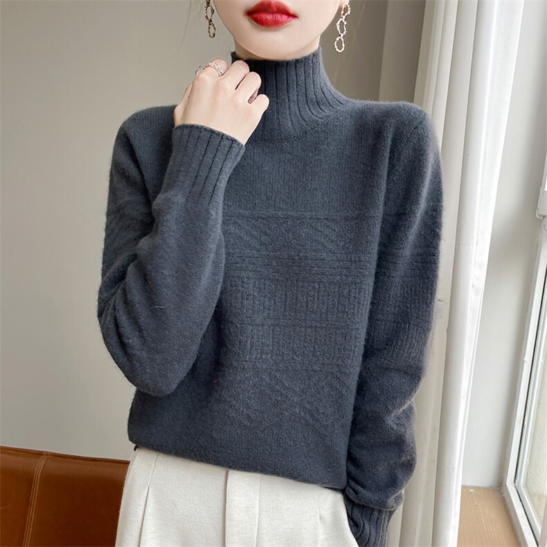 2024秋冬新款女羊毛半高领提花韩版内搭打底针织衫毛衣,女装羊毛衫,赛冬羊绒