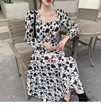 秋季新款韩版修身淑女气质高雅甜美可爱蝴蝶结圆点连衣裙，女装连衣裙，荷塘月色