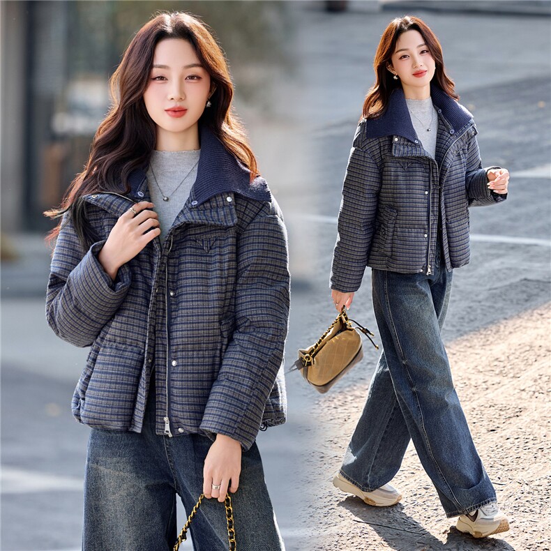 韩版格子石墨烯绒衣女2025冬季新款立领加厚面包服小个子保暖外套,女装棉衣/棉服,悠米