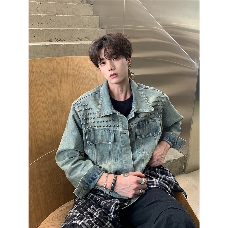 W547-P85新品铆钉牛仔外套男秋美式潮流复古水洗重磅高级感夹克，男装工装外套，星座911-1