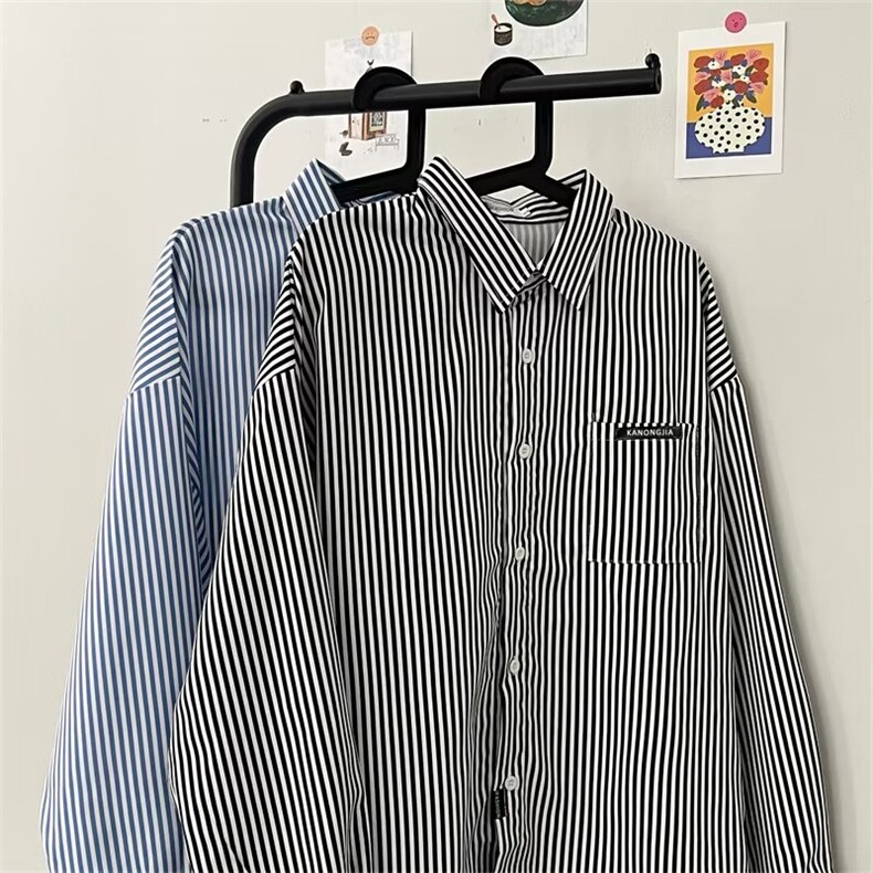 条纹长袖衬衫男春秋cityboy休闲衬衣潮牌ins痞帅宽松外套CS02-P30图片