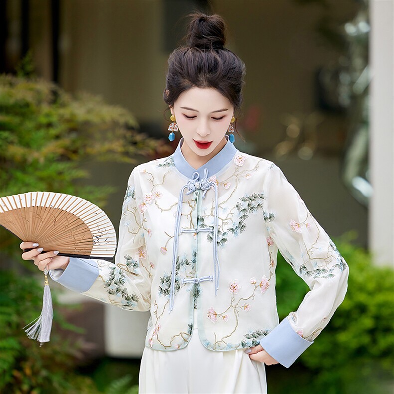 新中式国风阔腿裤女2024夏季新款气质禅意刺绣盘扣上衣,女装防晒衣,韩美纤衣