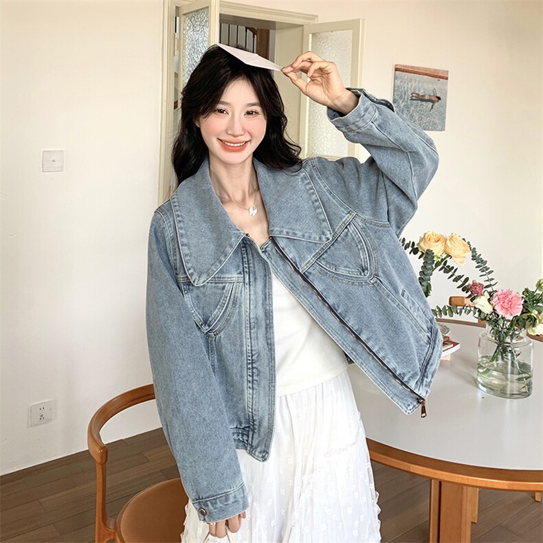 复古牛仔蓝翻领短款牛仔上衣+白色蕾丝半裙2025新L509P230K299,女装短外套,2C220