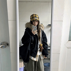 现货重磅boxy短款棉衣座山雕大毛毛领男女棉服水洗工装厚外套，男装棉衣，电商A486