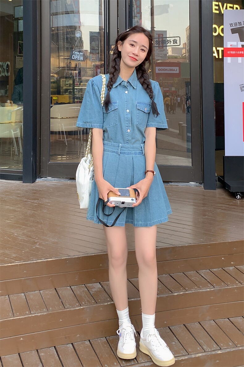 2023年夏季新款韩版休闲百搭牛仔短袖衬衫百褶裙半身裙两件套女,女装套装/套裙,一九零