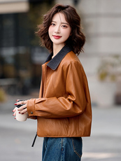 2025秋冬季女装新款大量现货拼色翻领袖口翻边撞色短款皮衣外，女装皮衣，衣之秀