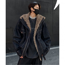 美式加厚毛绒外套男座山雕重工水洗保暖毛领棉服牛仔棉衣加绒p128，男装棉衣，电商C307