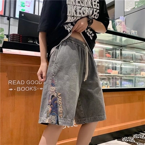 刺绣牛仔短裤男夏季薄款潮牌ins风港风潮复古五分休闲裤88100-p40图片