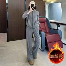 秋冬新款潮流纯色连帽外套阔腿裤套装，女装套装/套裙，江南