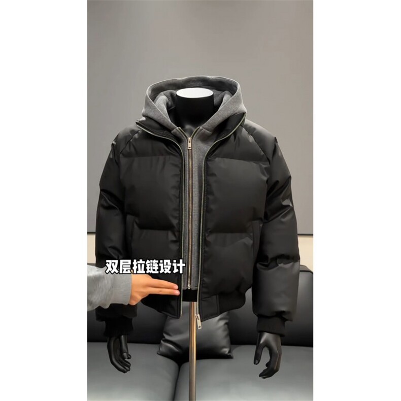 网图美式假两件pu皮短款棉服男款冬季加厚工装棉袄连帽外套特P89，男装皮衣，电商C306-1