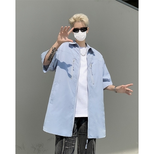 薄款冰丝拉链垫肩衬衫男短袖高街夏季浅蓝工装衬衣设计感五分袖图片