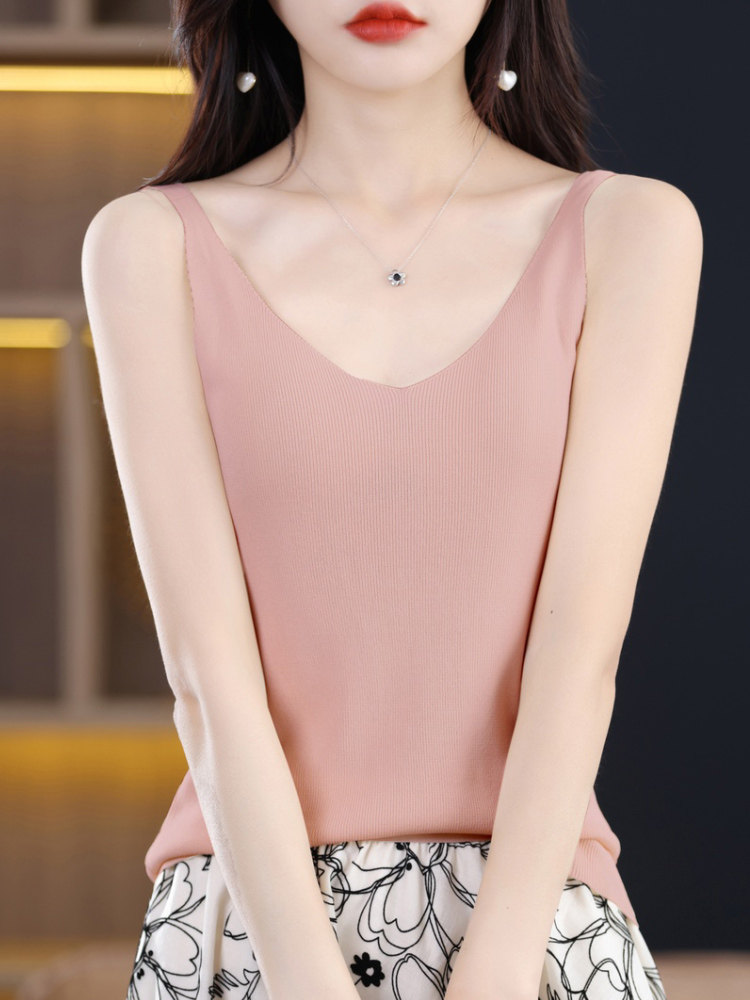 夏季吊带背心女外穿V领冰丝针织内搭西服衬衣打底衫纯色细带上衣,女装背心吊带,佳绒包芯纱店