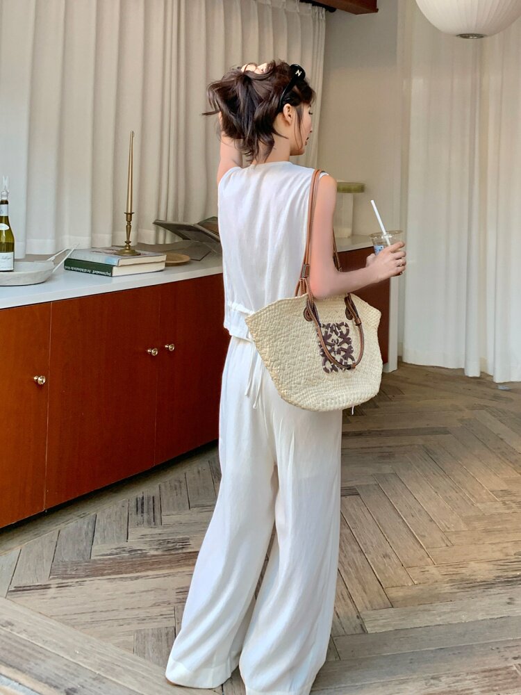 老钱风白色西装马甲阔腿裤套装女夏流行两件套巨好看大方得体ootd,女装套装/套裙,莘蕾