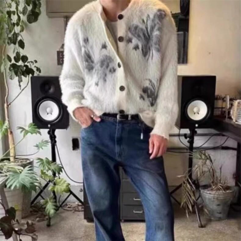 网络图现货美式复古蝴蝶水貂毛开衫毛衣男女慵懒宽松情侣针织衫,男装针织衫/毛衣,星座715-4