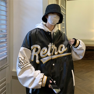 特批72控128秋款pu皮拼色男士棒球领刺绣外套机动皮夹克潮PJ222