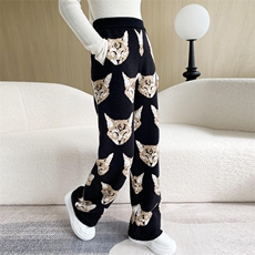 2024秋款小猫提花针织裤女宽松显瘦高腰直筒休闲裤，女装休闲裤，佳弈羊绒