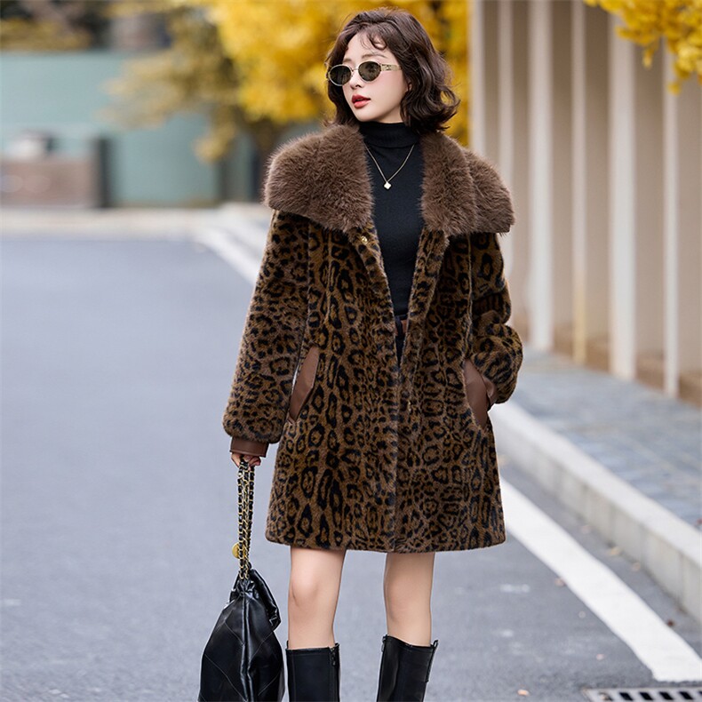 冬季气质女神美拉德豹纹进口金貂仿貂拼皮中长款高档仿皮草大衣潮，女装皮草，美拉德工厂直营店