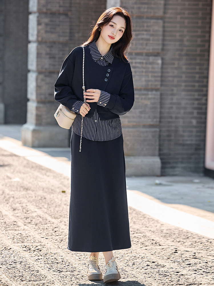 时尚套装女2025秋新款减龄假两件衬衫拼接马甲垂感半身裙两件套,女装套装/套裙,流量+