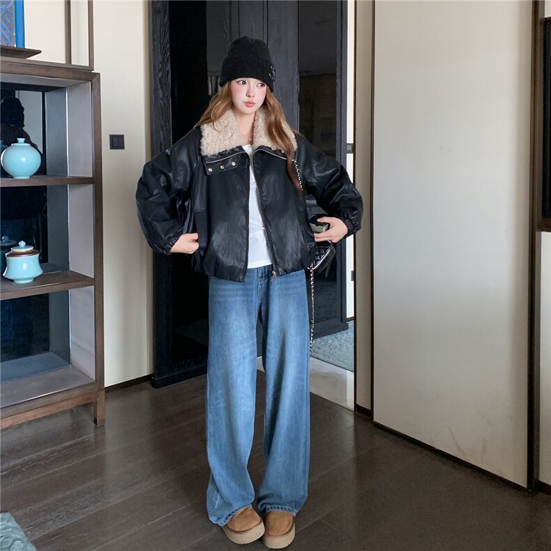 复古机车风PU皮夹克女2025冬季新款短款宽松设计感时髦外套高级感,女装羽绒服,2C233