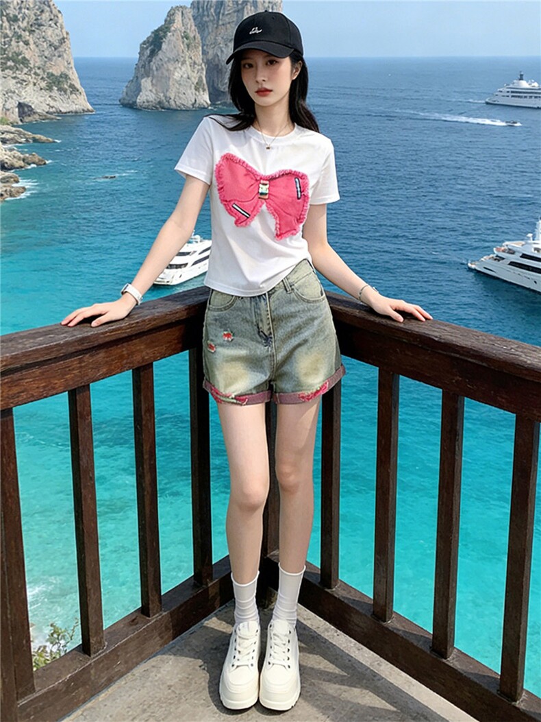 学院风网红时尚套装女夏款圆领刺绣蝴蝶结短袖阔腿牛仔短裤两件套,女装套装/套裙,江南
