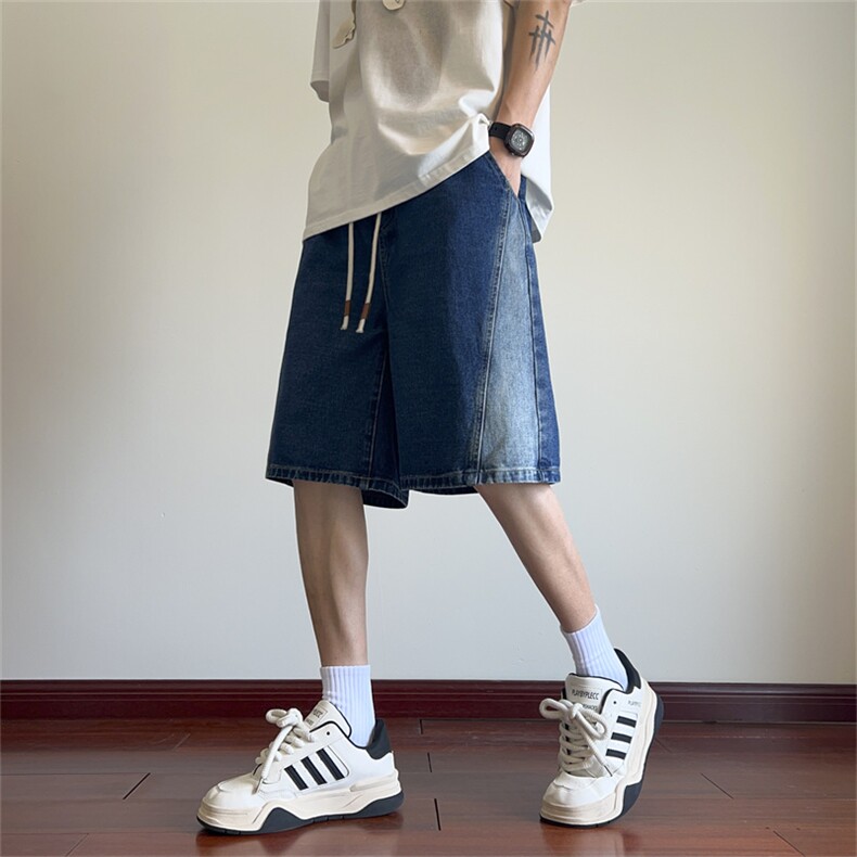 夏季拼接牛仔裤男直筒五分裤图片