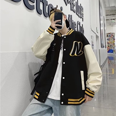 棒球服夹克男日系复古潮宽松休闲港风情侣毛呢拼皮外套W5017-P57，男装夹克，星座512-2