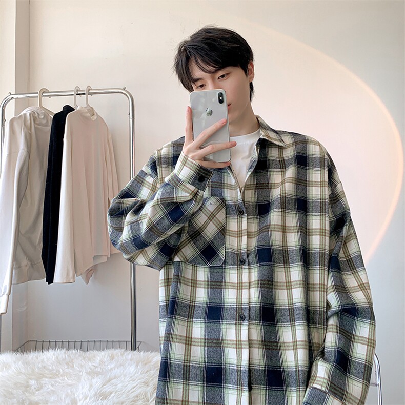 衬衫男秋季新款港风宽松大码磨毛格子长袖衬衣CS6639-P35，男装衬衫，星座214-3