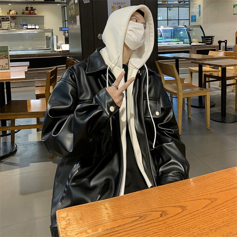 假两件皮衣男韩版潮流连帽美式帅气2024秋季新款ins外套W5268-P73,男装皮衣,星座412-3