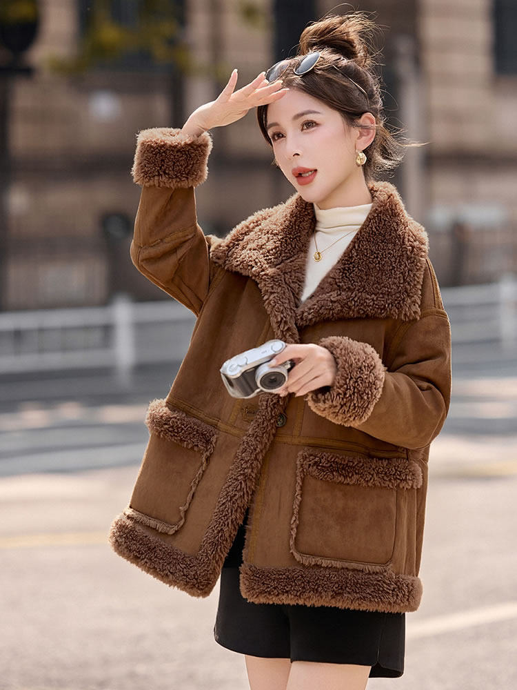 美拉德麂皮绒羊羔毛外套女冬季新款复古宽松加绒加厚立领皮毛一体,女装羊羔毛/颗粒绒,韩蔻秀