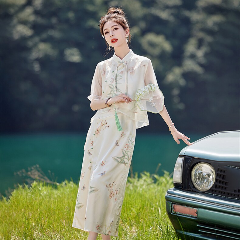 新中式国风套装女夏高级感2024新款气质绝美改良旗袍套装裙两件套,女装套装/套裙,韩蜜菓