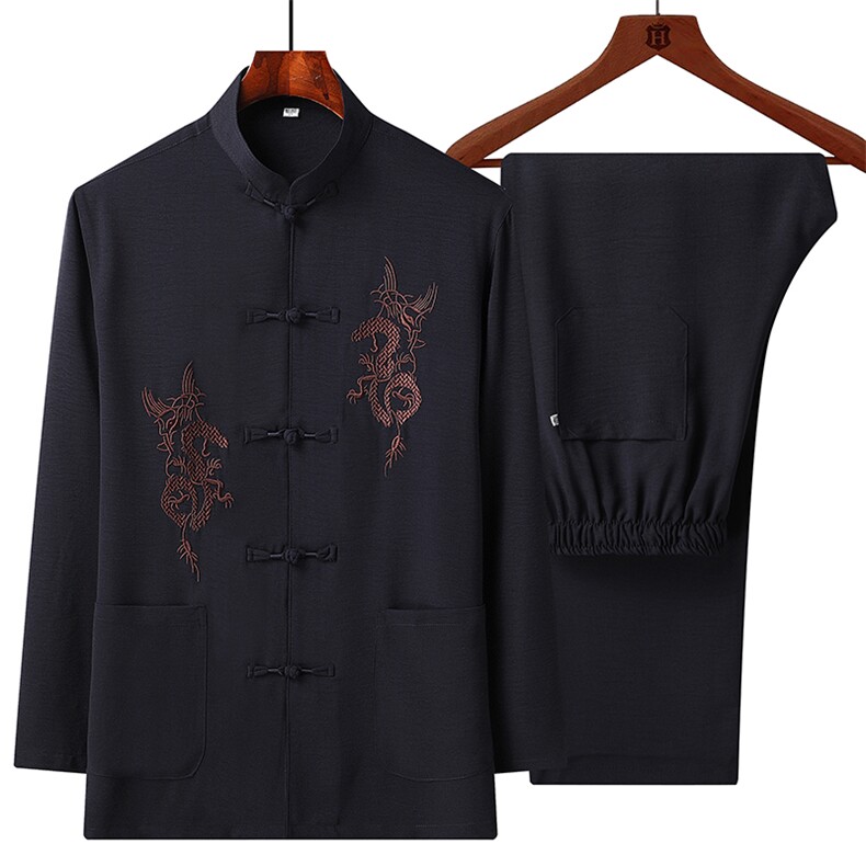 唐装男款风套装刺绣爸爸春秋款中老年人男士中式盘扣两件套，男装民族服装，电商B212（原钱塘6029）